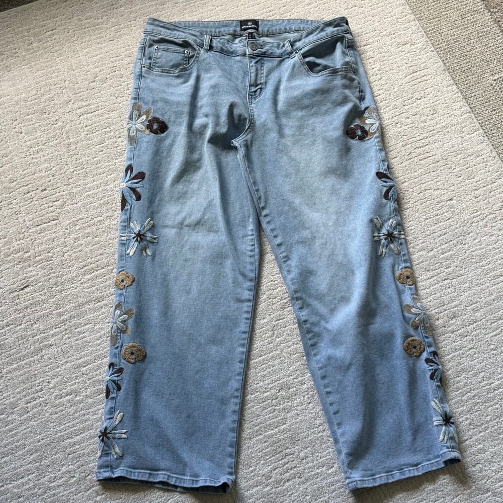 Prosperity Denim Floral Embroidered Wide Leg Crop Jeans Light Wash Blue 32P Boho
